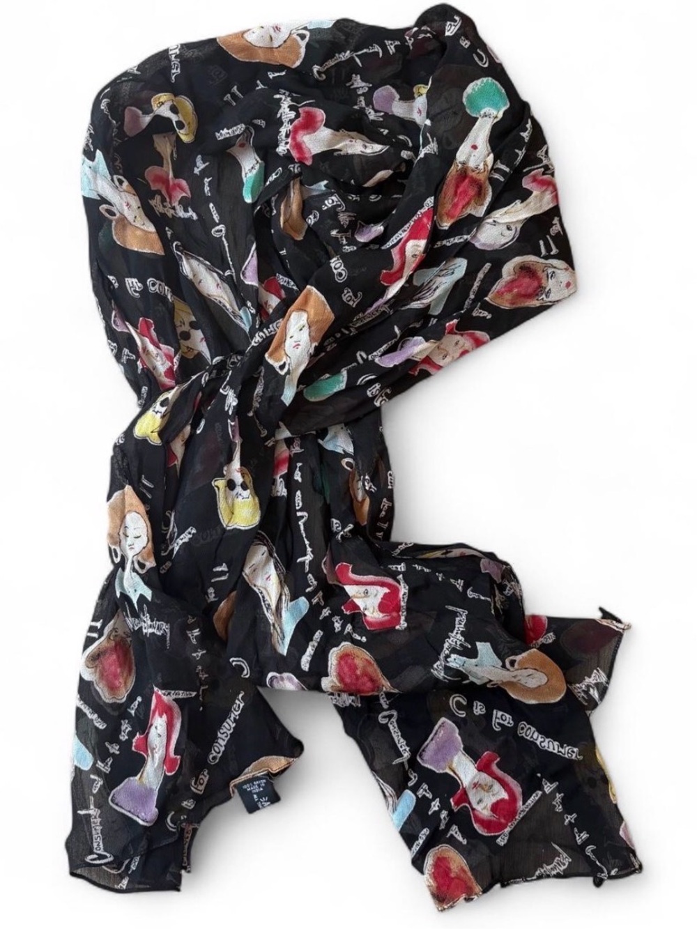Vintage Graphic Print Silk Scarf Sheer Black Lightweight Pop Art